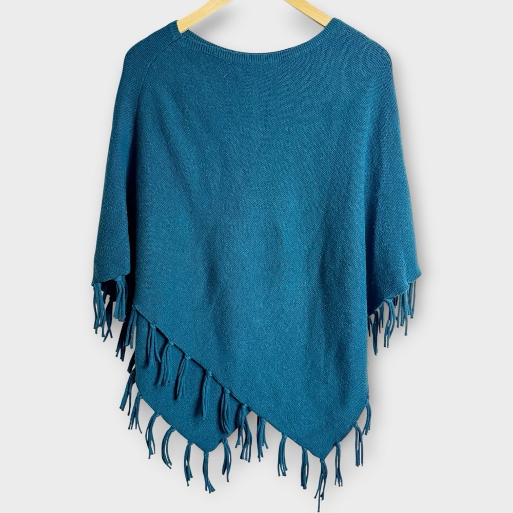 J Jill Teal Blue Fringe Poncho Sweater Women Sz S-L Boho Casual Cowgirl Western